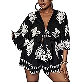 WDIRARA Women's Plus Size Deep V Neck Tie Front Romper Boho Wide Leg Shorts Jumpsuit