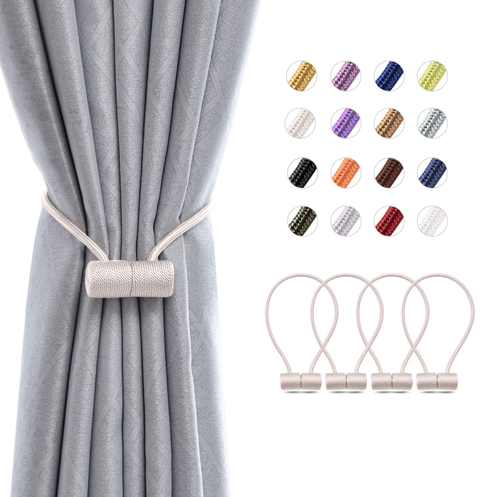 Pretty Jolly 4 Pack Magnetic Curtain Tiebacks 16 Inch Modern Handmade Weave Rope Curtain Holdbacks Convenient Decorative Curtain Drape Tie Backs for Home and Office Window Drapery (Beige)