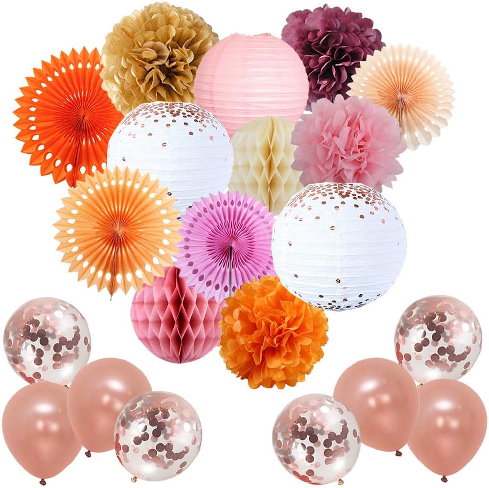 Hanging Set Dusty Rose Pink Tissue Paper Poms Flower Fans Rose Gold Foil Dots Paper Lanterns and Honeycomb Balls for Birthday Baby Shower Bridal Shower Party Decorations