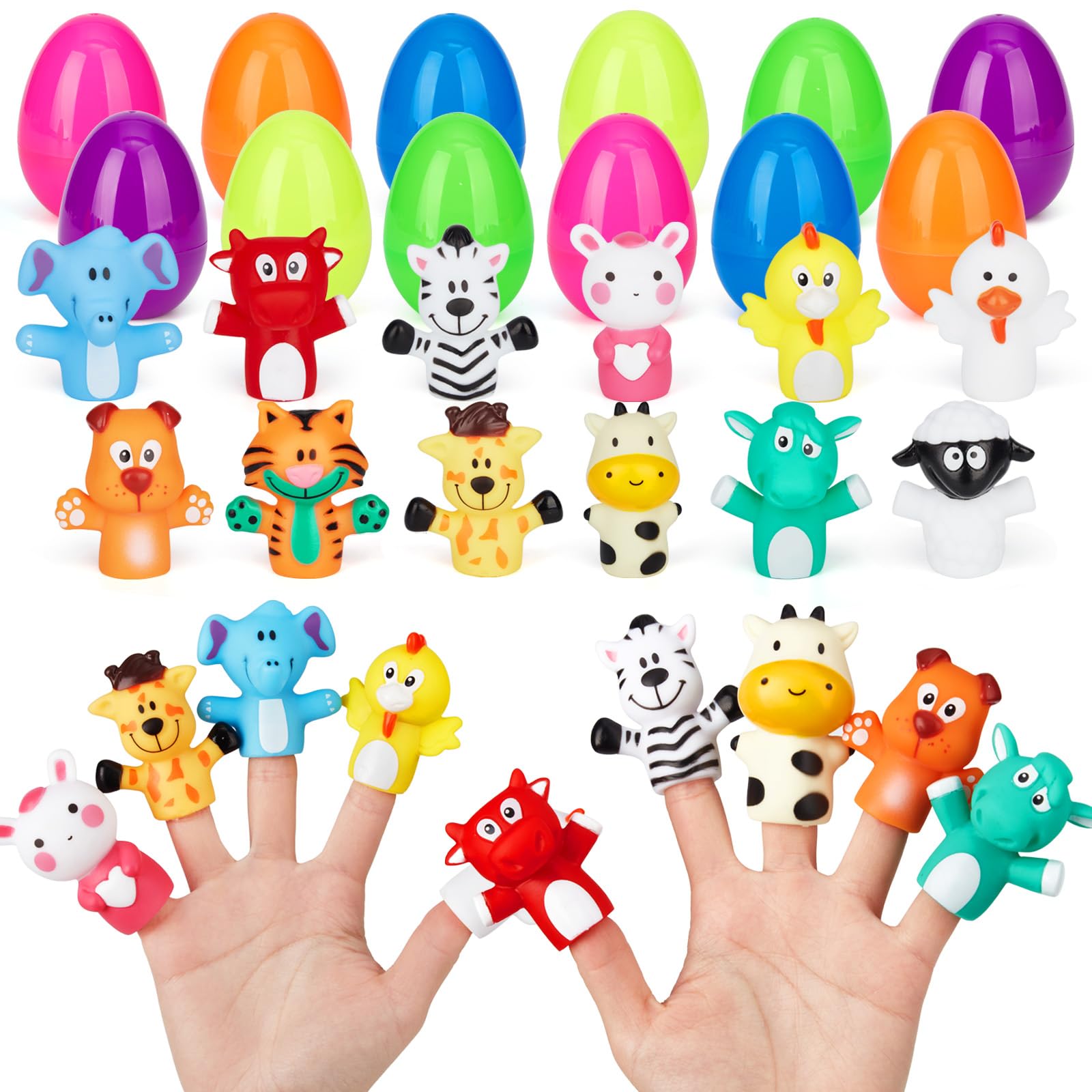 12 pcs Easter Eggs Filled with Finger Puppets for Easter Basket Stuffers,Prefilled Easter Egg with Finger Puppets for Easter Egg Fillers,Party Favors,Goodie Bags Fillers, Easter Gift for Kids