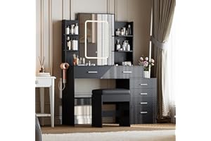 Makeup Vanity, Vanity Desk with Mirror and Lights, Black Vanity with 6 Drawers and Shelves, Charging Station, Stool, 3 Lighti