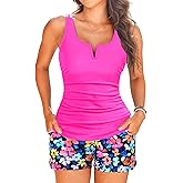 Talisea Tankini Two Piece with Shorts - Womens Tummy Control Swimsuit with Pockets Bathing Suit with V-Wire Boy Shorts Swimwear 2025 Pink Floral