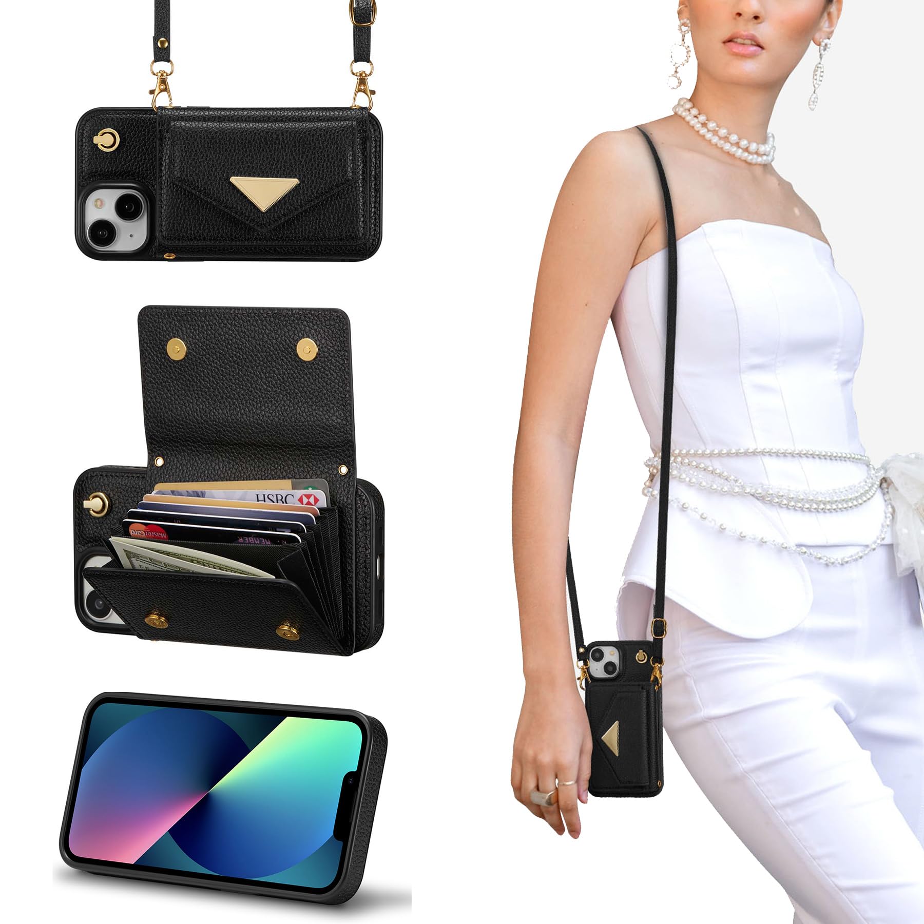 ZCDAYE for iPhone 14 / iPhone 13 Wallet Case, iPhone 14 / iPhone 13 Crossbody Wallet Phone Case with Lanyard, PU Leather Card Holder Kickstand Snap Closure Flip Folio Protective Cover, Black