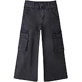 KIDSCOOL SPACE Girls' Cargo Jeans with Flap Pocket, Wide Leg and Split Hem Boyfriend Denim Pants