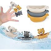 Auvitaya Baby Bath Toy Stackable Infant Bathtub Toys Stacking Floating Boat Train with Animal Finger Puppets Bath Toy Silicon
