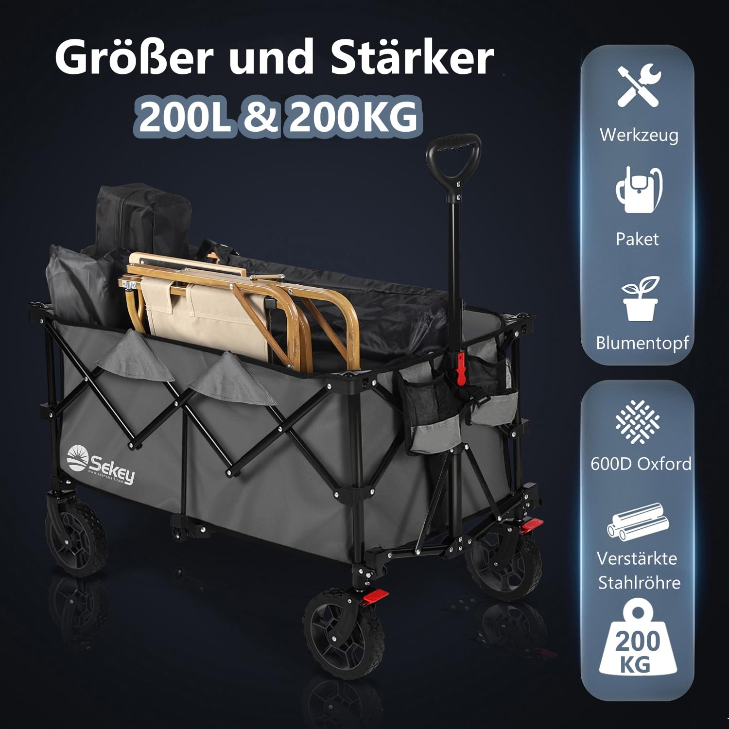 Sekey XXL Plus Bollerwagen Faltbar 200L 200KG Tragkraft, Faltbarer Bollerwagen Geländetauglich mit Bremsen, Handwagen Patentiert Klappbar aus Vier Richtungen, XXL-PlusG 4010, Anthrazit 4
