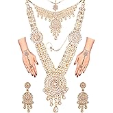 Efulgenz Indian Bridal Jewelry Indian Wedding Jewelry Sets for Women Bridal Bollywood Kundan Rhinestone Necklace Earrings Maang Tikka Head Chain Nose Ring Bracelet Jewelry Set
