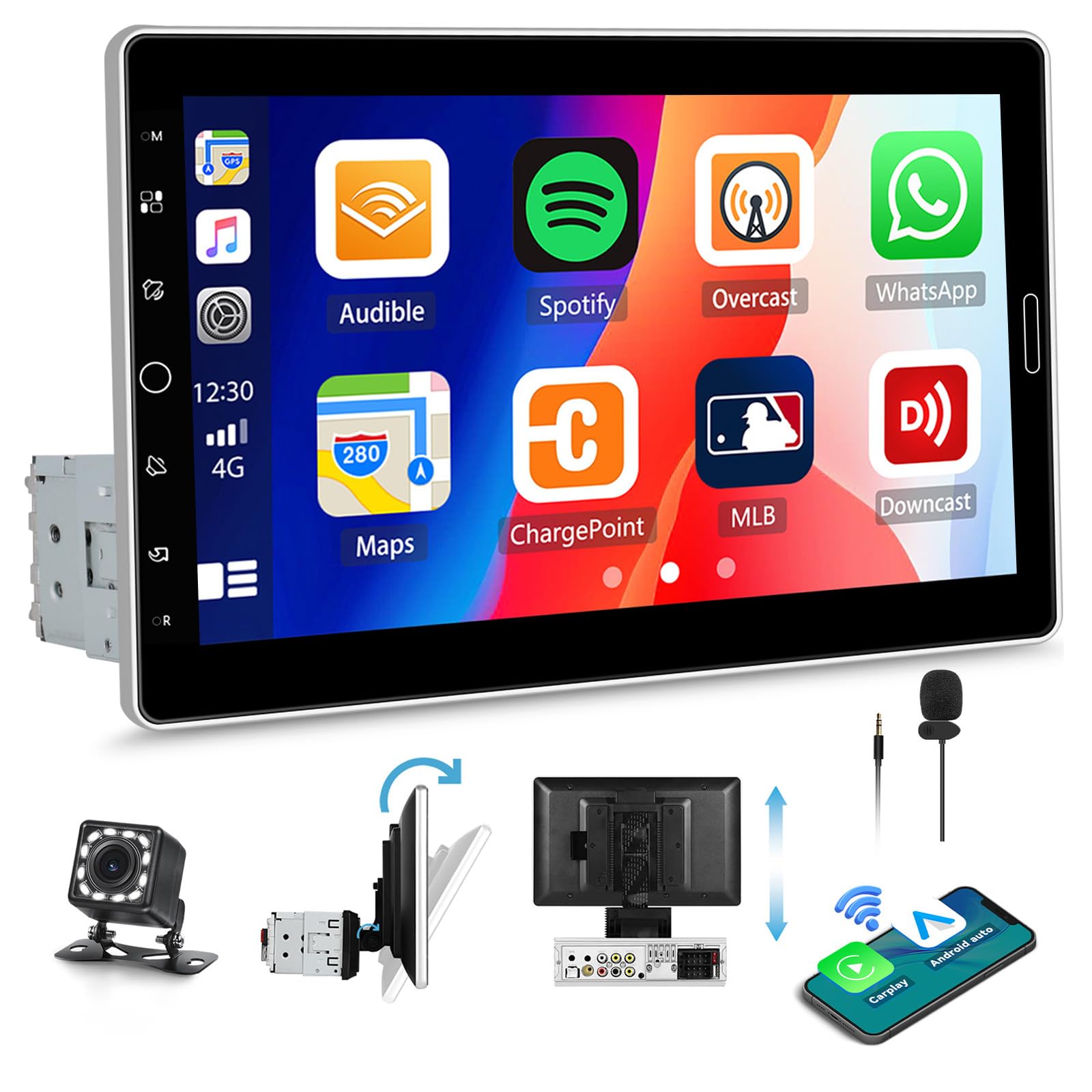 Photo 1 of 10.1”Wireless Single Din Car Radio Stereo with Apple Carplay&Andriod Auto,IPS Touch Screen Radio with Bluetooth,Car Audio Receiver,Mirror Link,FM/AM/RDS/EQ,USB/AUX,SWC,Waterproof HD Backup Camera&Mic