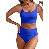 ANRABESS Women High Waisted Bikini Sets Color Block Summer Beach Vacation 2 Piece Bathing Suit Tummy Control Ribbed Swimsuit