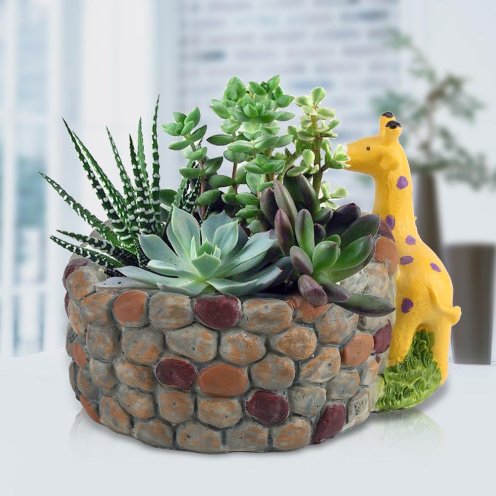 Fdit Tiny Creative Succulent Plants Mini Garden Resin Flower Pot Tank Giraffe Castle Home Design Factory Home Office Decoration (Giraffe) - Image 4