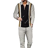 Kubsid Size 2XL Black Gold Mixed Vertical Stripe Men's Polo Track Suit Sets Long Sleeve Mens Outfits 2 Piece Fashion Sweatsuit Comfy Casual Set for Men