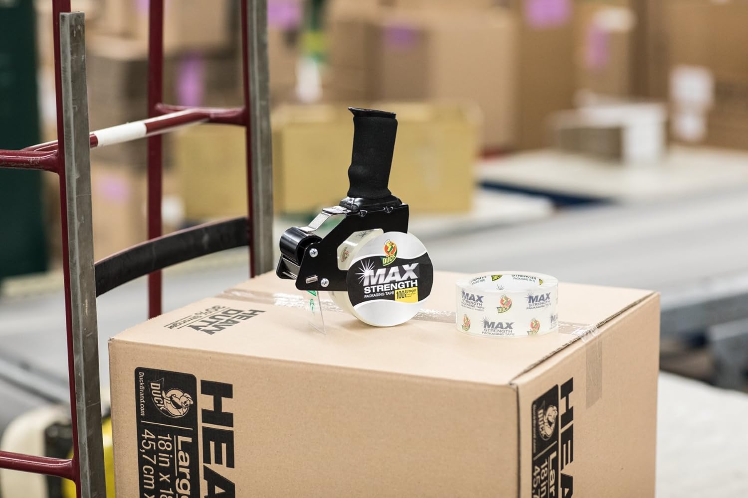 Foam Handle Tape Dispenser with Duck MAX Strength Packing Tape, 1.88 Inch x 54.6 Yard, Clear (284984), Black : Office Products