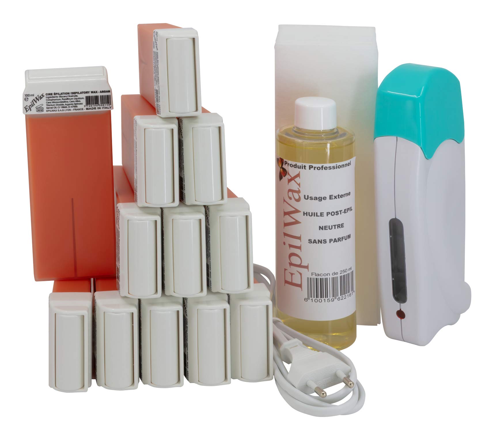 EpilWax - Solo Complete Waxing Kit: 1 professional wax heater, 12 x 100 ml Argan wax Roll-On, 100 waxing strips, 1 x 250 ml bottle of after waxing oil (Solo Series Argan 12)