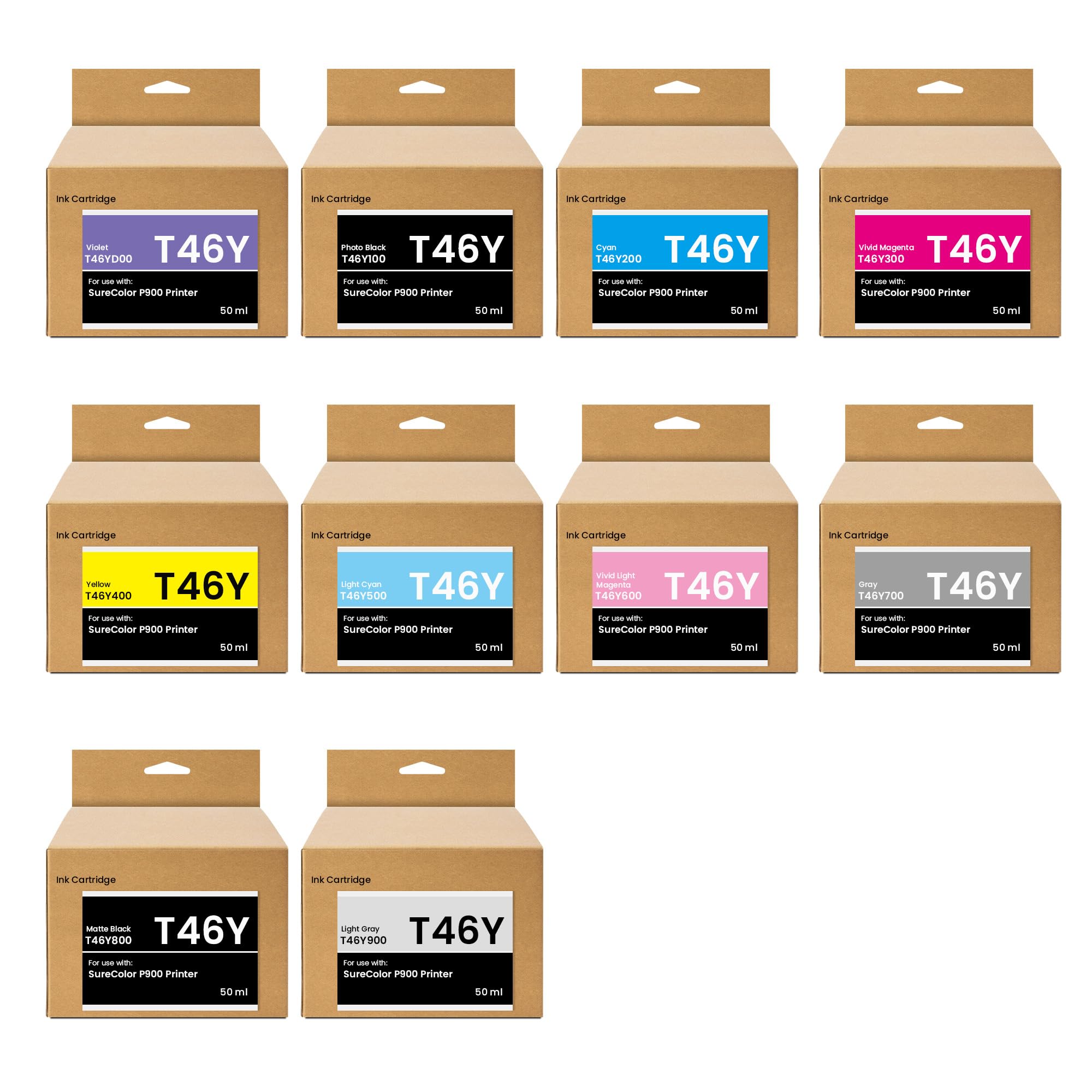 Photo 1 of T46 T46Y UltraChrome PRO10 Ink Cartridge Set (with Chip) Remanufactured T46YD T46Y1 T46Y2 T46Y3 T46Y4 T46Y5 T46Y6 T46Y7 T46Y8 T46Y9 Ink Replacement for SureColor P900 SC-P900 Printer, 10 Pack T46Y