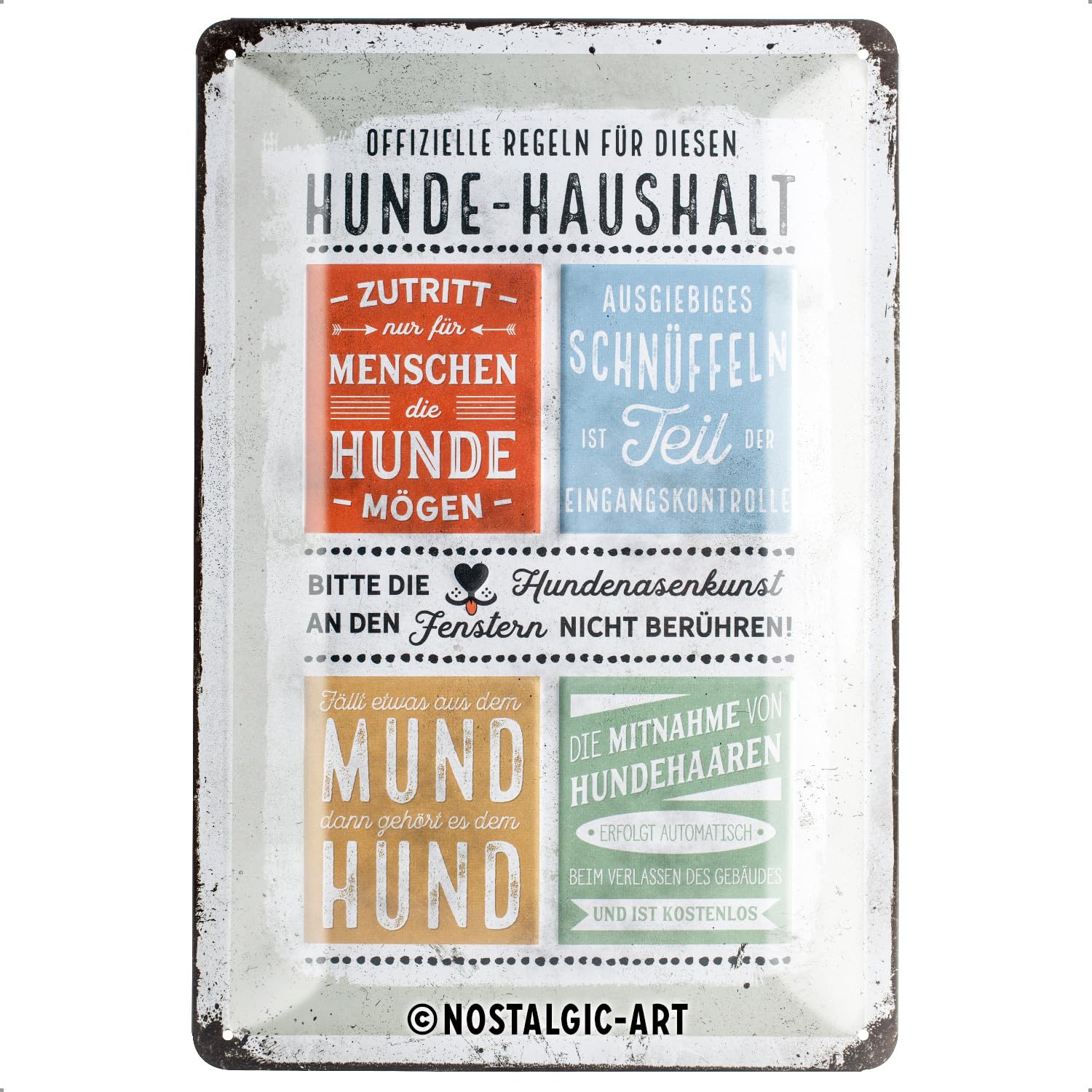 Nostalgic-Art Retro Tin Sign – Hunde-Haushalt Regeln – Gift idea for dog owners, Metal Plaque, Vintage design for wall decoration, 20 x 30 cm