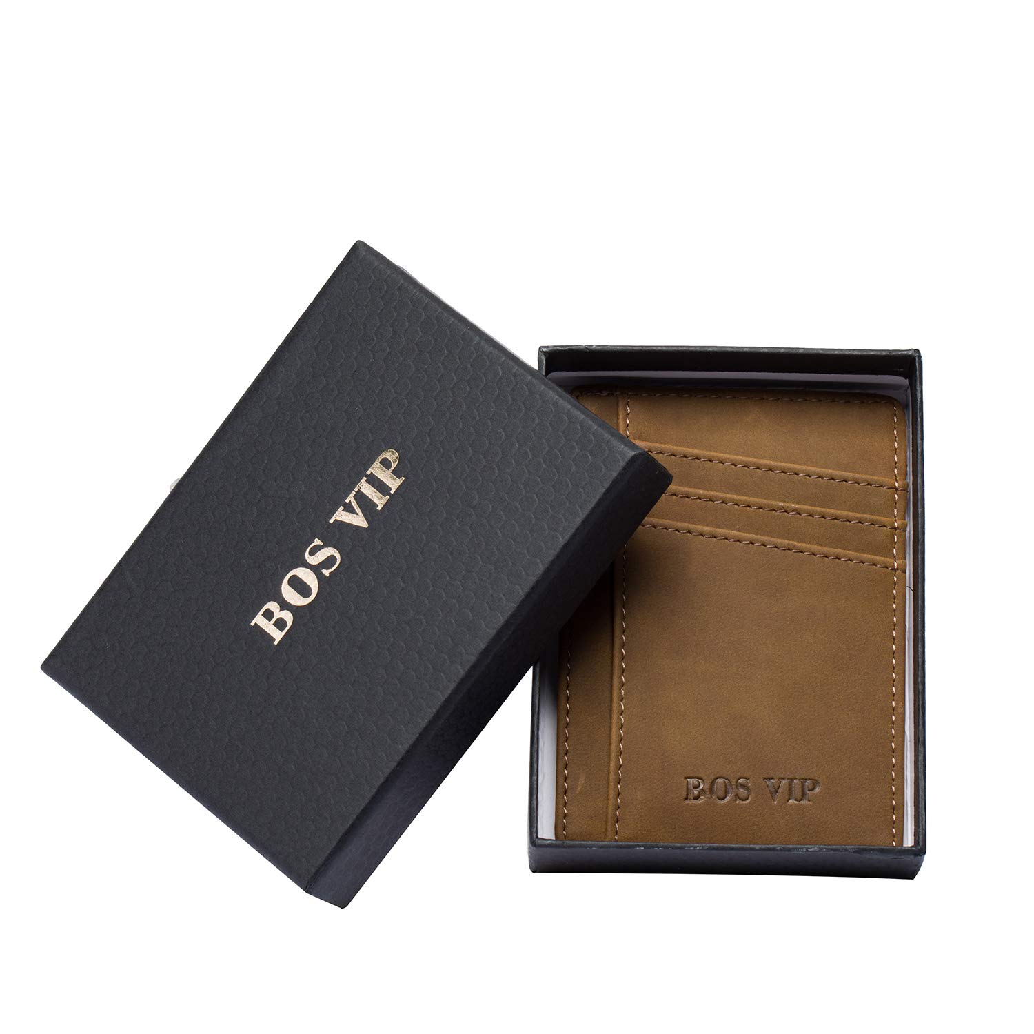 BOS VIP Women Mens Credit Card Holder Slim Leather Wallets,RFID Blocking Minimalist Front Pocket Wallet Brown