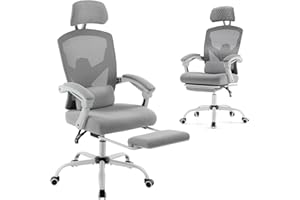 DUMOS Home Office Desk Chair with Footrest, High-Back Mesh Rolling Swivel Reclining Chairs with Wheels, Comfortable Headrest, Lumbar Support, Comfy Arms for Home, Office, Gaming, Student,Elegant Grey