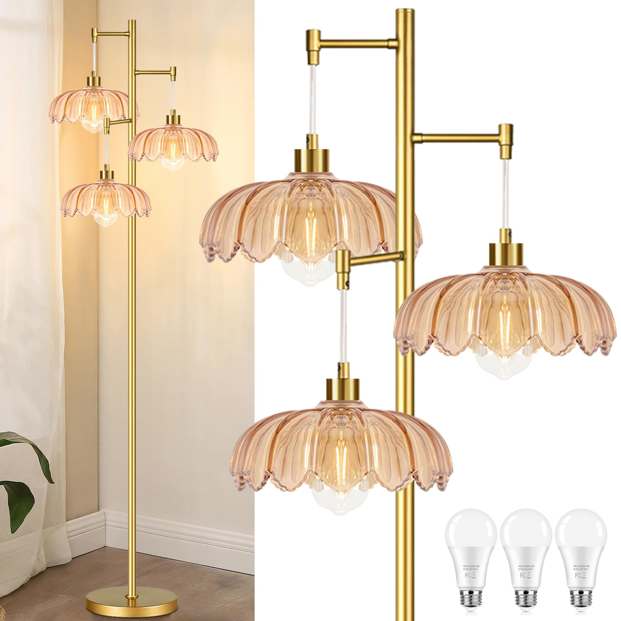 Photo 1 of ZECOXOL Gold Floor Lamps for Living Room 3 Lights Floor Lamp with Glass Lampshape & Three Led Bulb,Mid Century Standing Lamp Vintage Brass Tall Lamp Tree Floor Lamp for Bedroom Corner