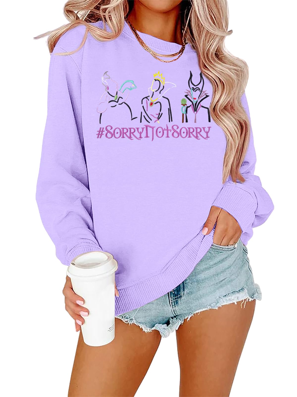 Photo 1 of Oversized Women Villains Shirt: Magic Kingdom Sweatshirt Embroidery Bad Girls Long Sleeve Shirts Purple - XL