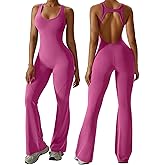 OEAK Womens Flare Jumpsuit with Bra Tummy Control Cutout Romper Workout Outfit Sleeveless Unitard One Piece Backless Bodysuit