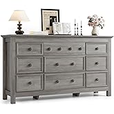 HolliWill Grey 9 Drawer Dresser, 57" Large Dresser for Bedroom, Wood Chests of Drawers with Metal Handle, TV Stand for 70 inch TV, Rustic Storage Dressers Organizer for Bedroom, Hallway