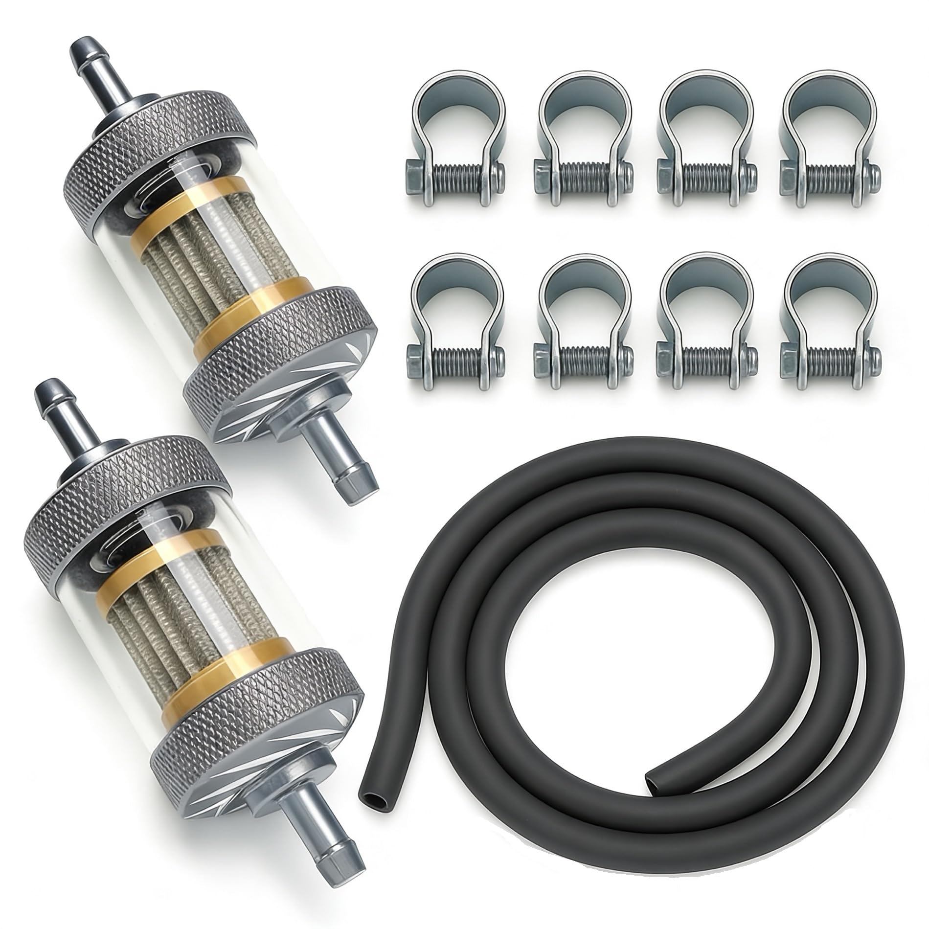 Photo 1 of 1/4" Universal Fuel Filter, 8mm Inline Fuel Filter with Clear View Glass for Motorcycle ATV Dirt bike Classic bikes and Small gasoline Engines (Silver-2 PCS)