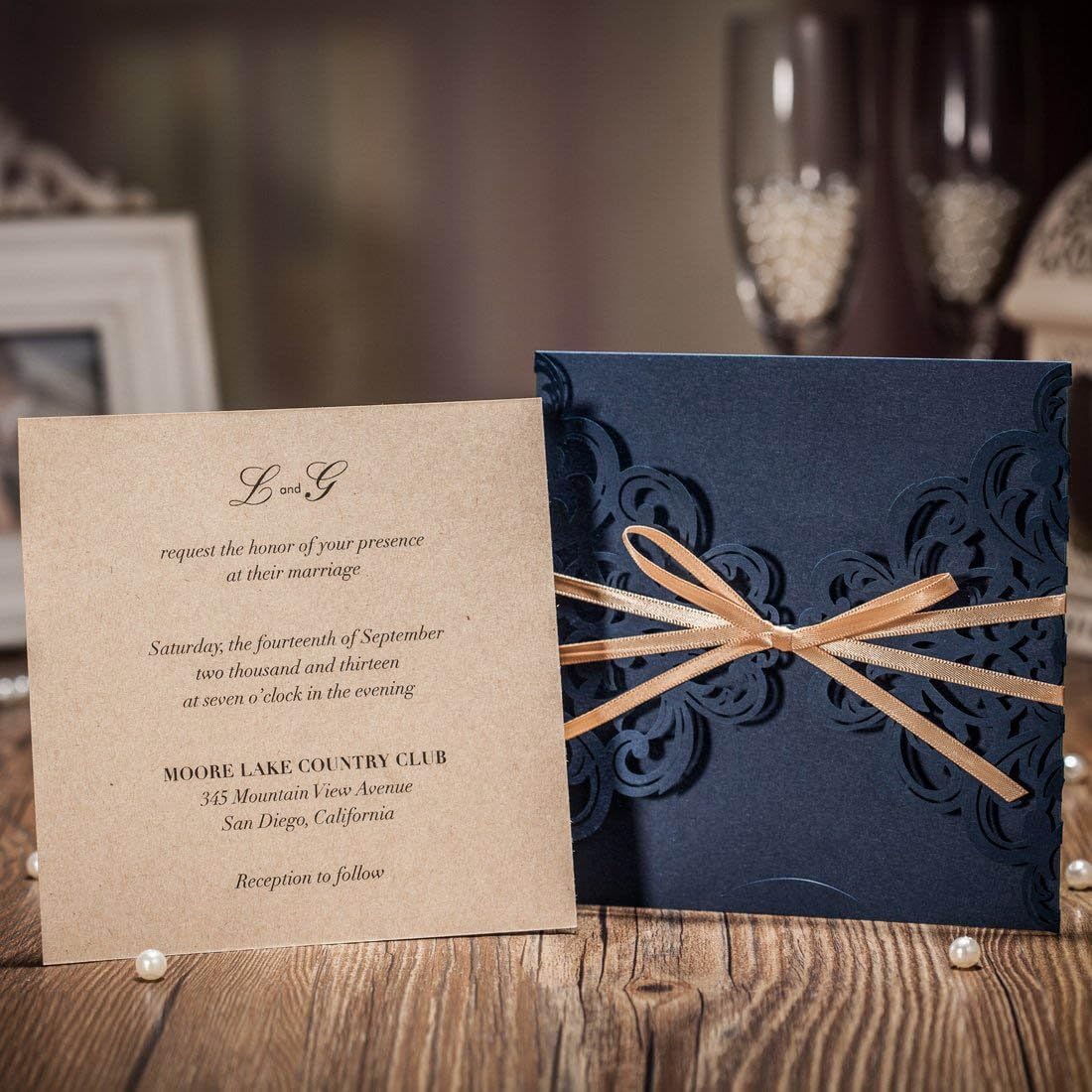 FLZOPYNE Wedding Invitations Cards 50X Laser Cut Rustic Navy Blue Square Invitations with Bow Lace Sleeve for Engagement Baby Bridal Shower Birthday Quinceanera CW6175B - Image 4