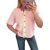 Saodimallsu Womens Short Sleeve Cardigans Lightweight Striped Button Down Crew Neck Spring Summer Sweater Tops