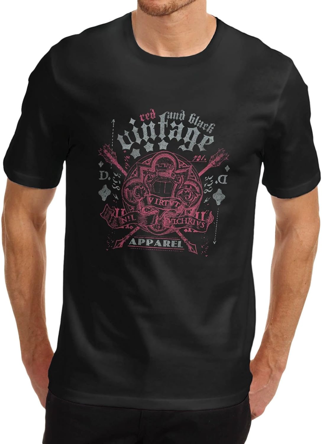 Men's Red And Black Vintage Apparel Crest Printed TShirt Amazon.co.uk