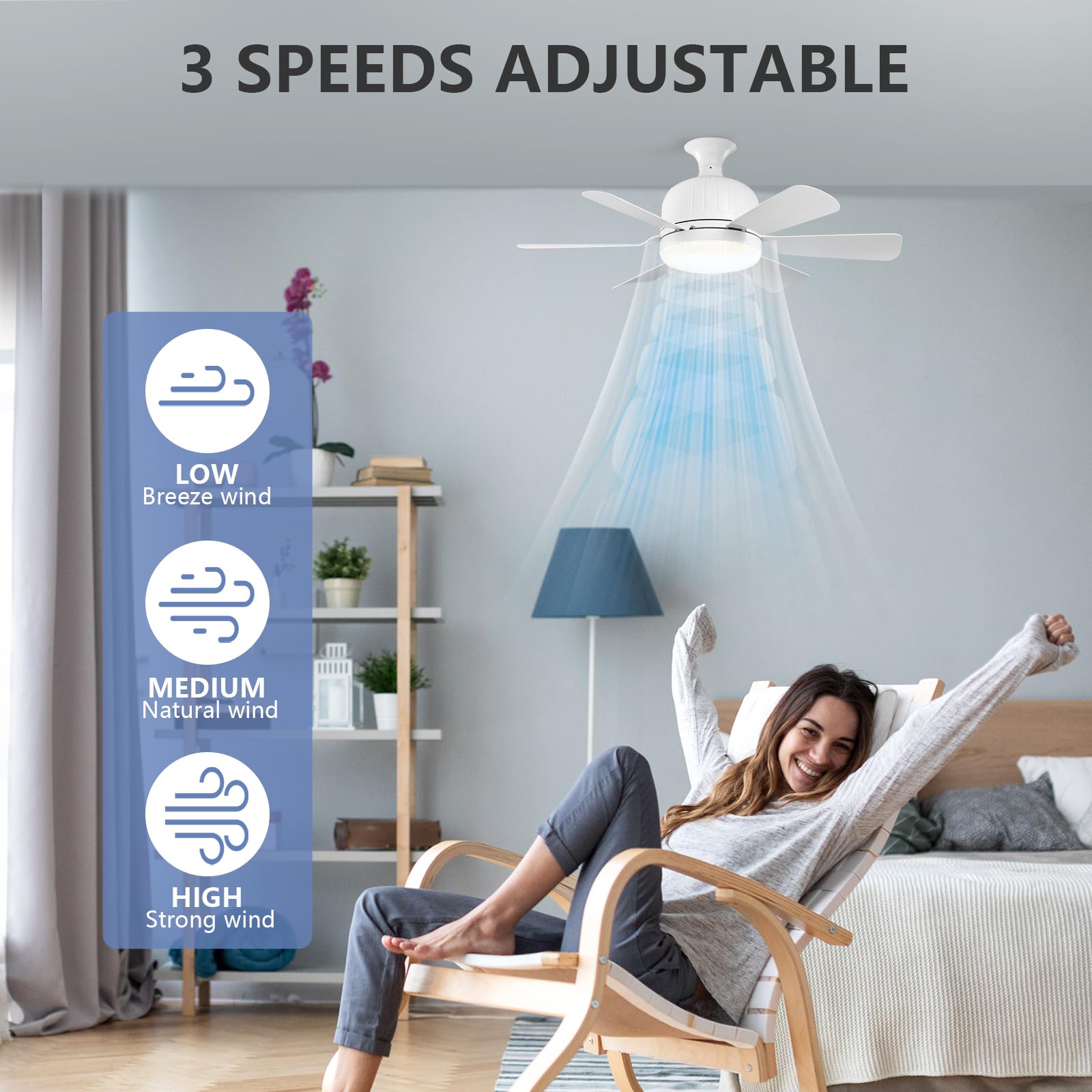 MeoYlaery E27 Ceiling Fan with Light and Remote,LED Ceiling Fans Dimmable,46cm Light Bulb Fan,Ceiling Fans Lamp, 3 Speeds 3 Colors,Ceiling Fan Light for Bedroom.Base Included