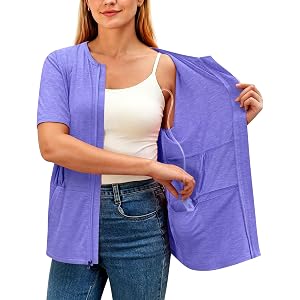 Post Mastectomy Recovery Zipper Closure Collar Shirt Camisole with Four Drain Pockets-Post Shoulder Surgery Shirts for Women