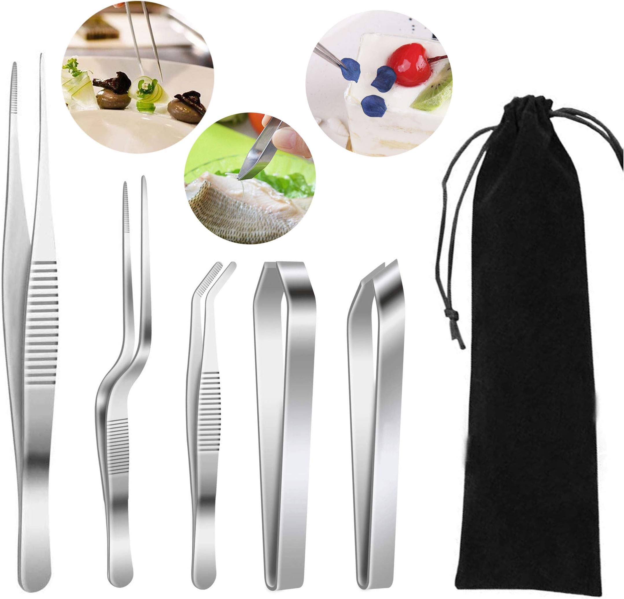 5 Pieces Stainless Steel Cooking Tweezers Precision Tongs, Fish Bone Tweezers for Decorating and Plating Tool(Includes: Storage Bag)