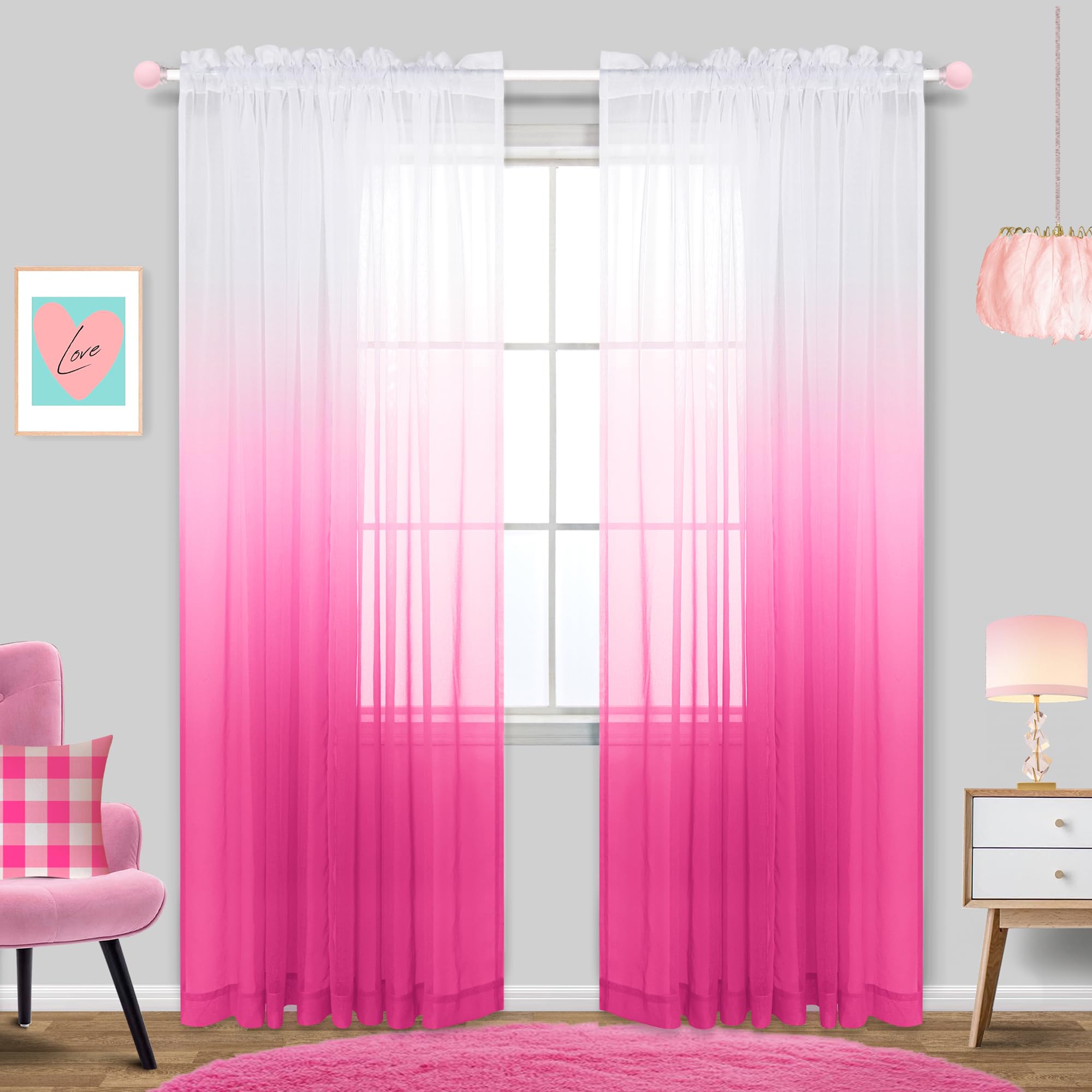 Pink Sheer Curtains 84 Inch Length for Bedroom Set 2 Panels Rod Pocket Ombre Gradient Window Voile Tulle Drapes Semi Sheer Beautiful Pretty Girls Room Accessories for Girls Gift Ideas Teenagers Decor