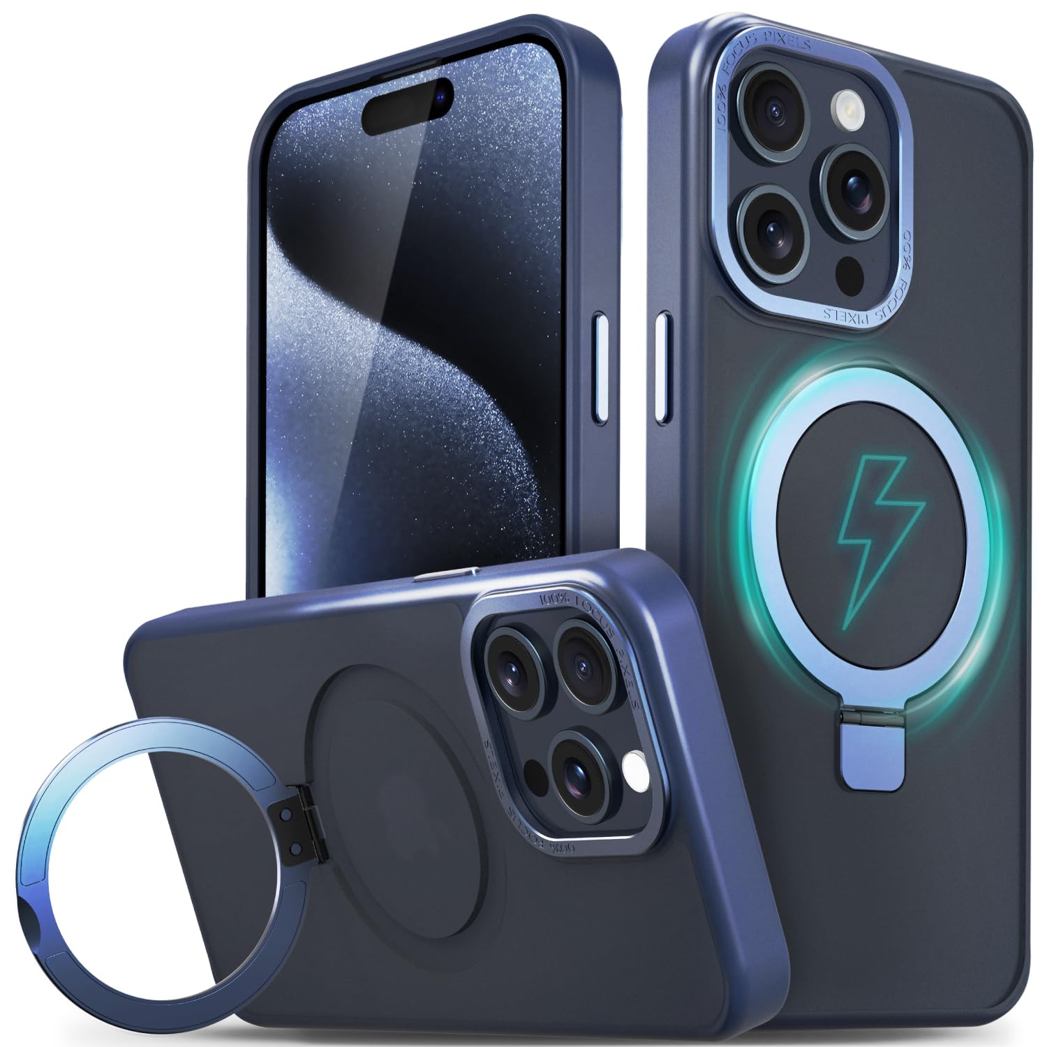 VENA Magnetic Ring Case for iPhone 15 Pro Max (6.7”) [Compatible with Magsafe] with Sturdy Stand, Drop Protection, Shockproof Translucent Back Slim Protective Phone Case - Translucent/Blue