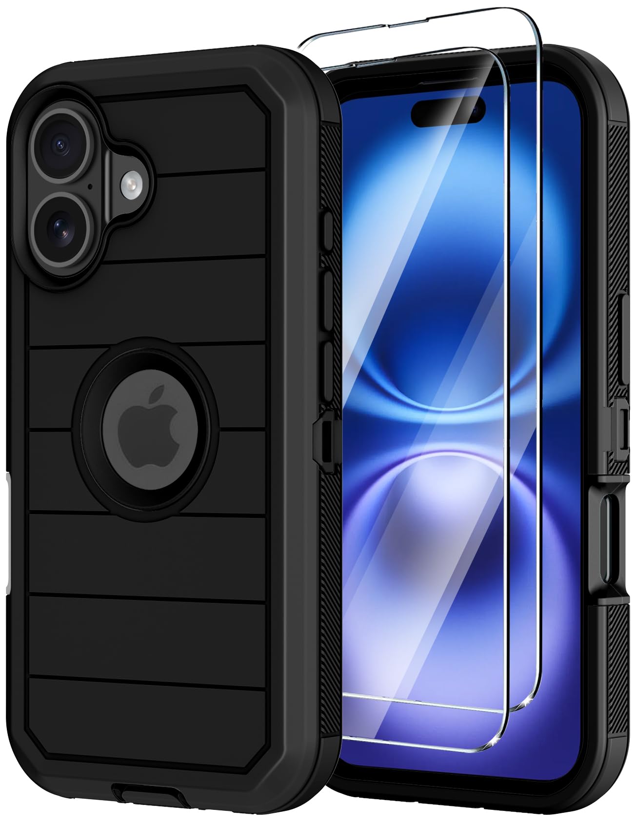 for iPhone 16 Plus Case with Screen Protector,Heavy Duty 3-Layer Military Grade Drop Protection Cases,Full Body Shock-Absorbing Dust Proof Rugged Bumper Phone Cover for Apple 16 Plus 6.7" (Black)