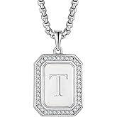 Raymard Mens Womens 925 Sterling Silver A-Z Initial Necklace, Cubic Zirconia Dog Tag Pendant Necklace for Men, 24" Rolo Chain Initial Jewelry