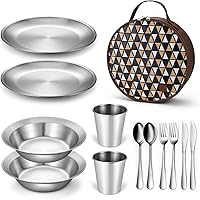 Odoland Stainless Steel Camping Dinnerware Set, Polished Cutlery Tableware Mess Kit Include Plate Bowl Cup Fork Spoon Knife w