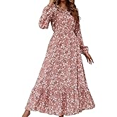 SISKIN Womens Fall Maxi Dress 2025, Boho Casual Vacation Floral Ruffle Hem Puff Long Sleeve Crew Neck Dress
