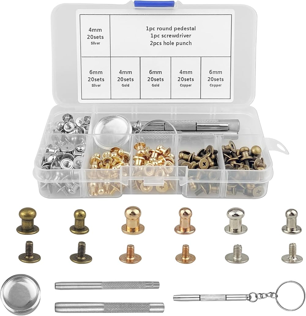CiShow 120pcs Round Head Button Studs 4/6mm Sam Browne Chicago Screws Leather