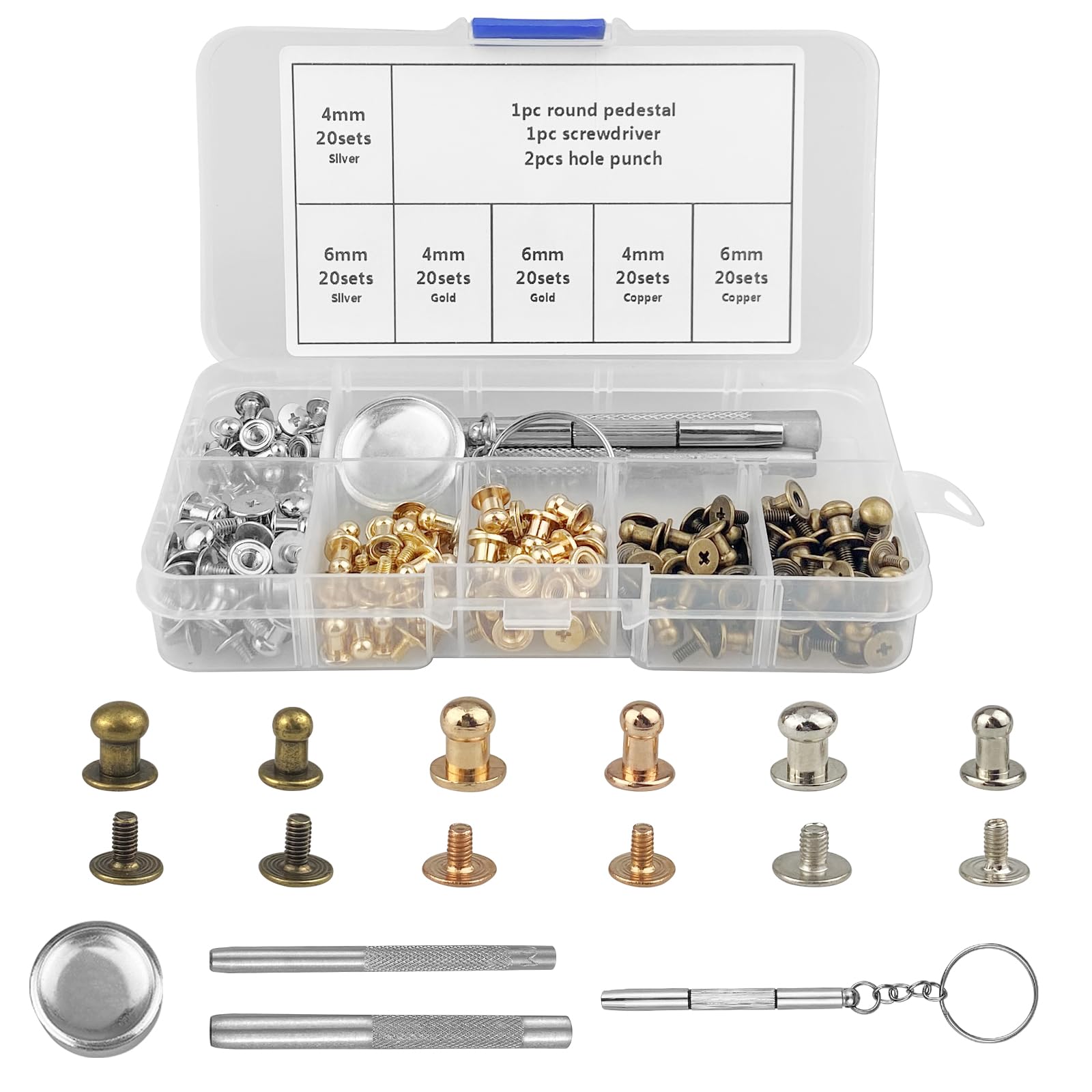 120pcs Round Head Button Stud, 4/6 mm Sam Browne Studs, Leather Chicago Screws Rivets, Browne Studs Fastener, Belt Strap Bag Screws for DIY Leather Accessories Jacket, with Hole Puncher Post