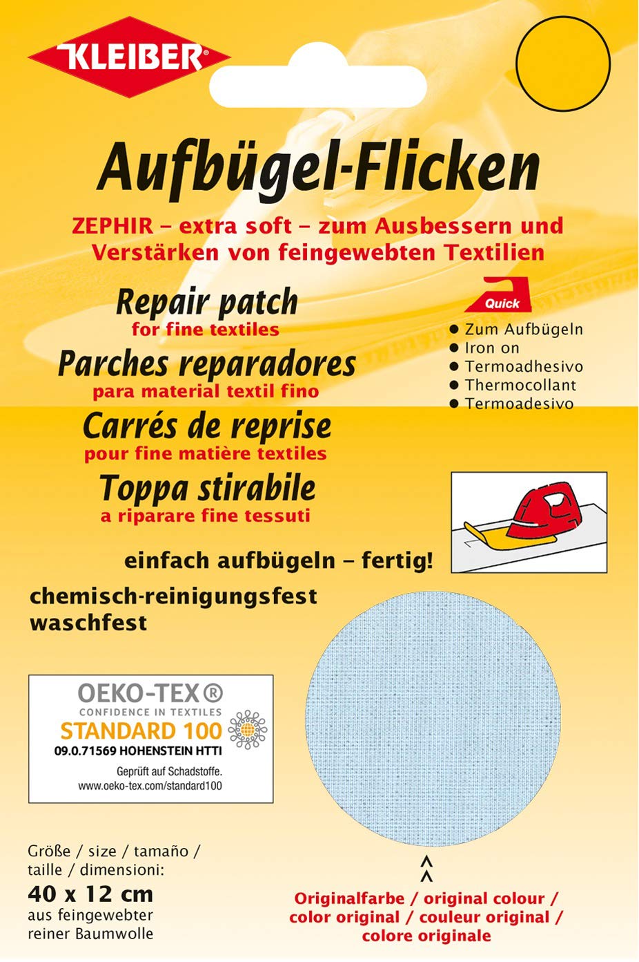 Kleiber 40 x 12 cm Cotton Iron on Repair Patch for Fine Knit Textiles, Light Blue