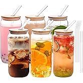 YUNCANG 6 Pack Bamboo Lid Glass Drinking Glasses with Glass Straw - 20-ounce Can Shaped Glassware for Beer, Iced Coffee, Cocktails, Whiskey, and More, Perfect for Cocktails, Whiskey, and Gifting