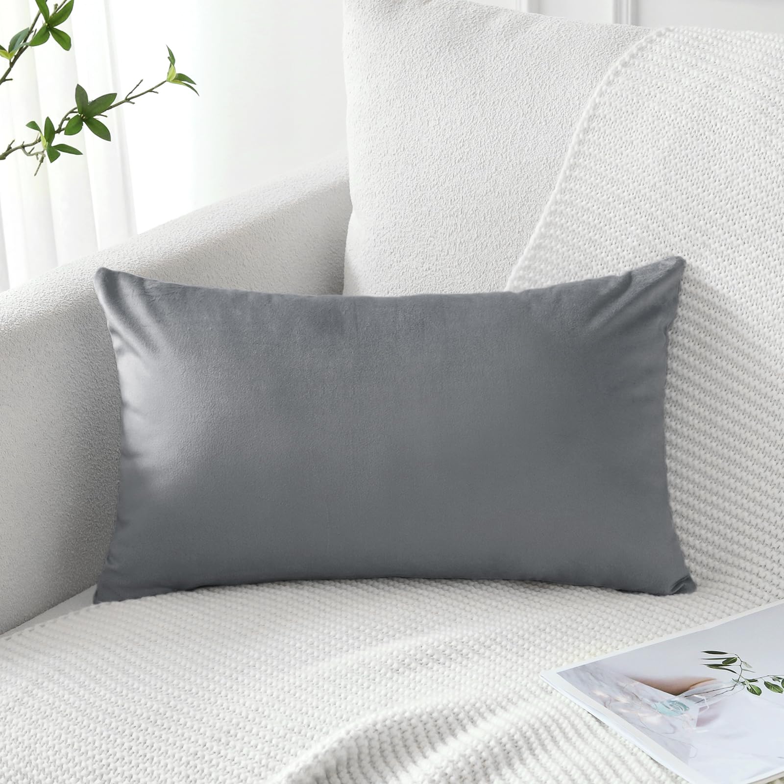 Photo 1 of Artscope Luxury Velvet Pillow Covers Decorative Rectangle Pillowcases Soft Solid Cushion Cases for Couch Sofa Bedroom Car Decor 12x20 Inch Graphite Grey