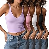 4 Pieces V Neck Tank Tops for Women Spaghetti Strap Crop Top Cotton Basic Fitted Summer Cami Shirts