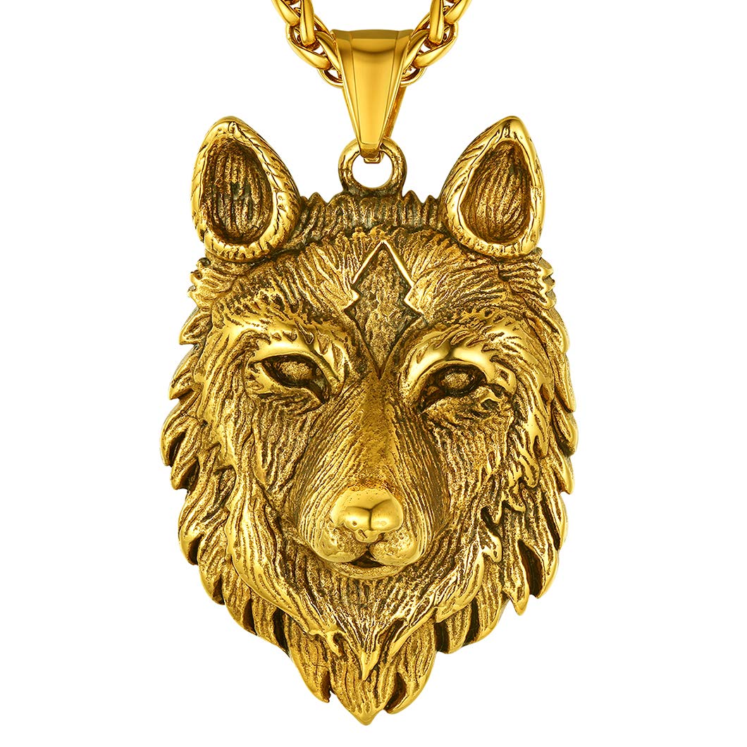 Richsteel Mens Necklace Gold Plated Wolf Pendant Viking Norse Jewellery Boys Chain For Men Women