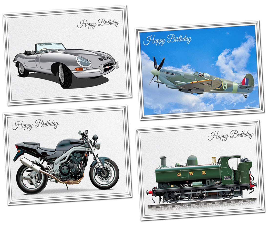 Special Pack of Birthday Cards for Men - Classic Car, Spitfire Airplane, Motorbike, Train - Blank Inside – 4 Cards - Vector Art for him - Value - Male Multipack