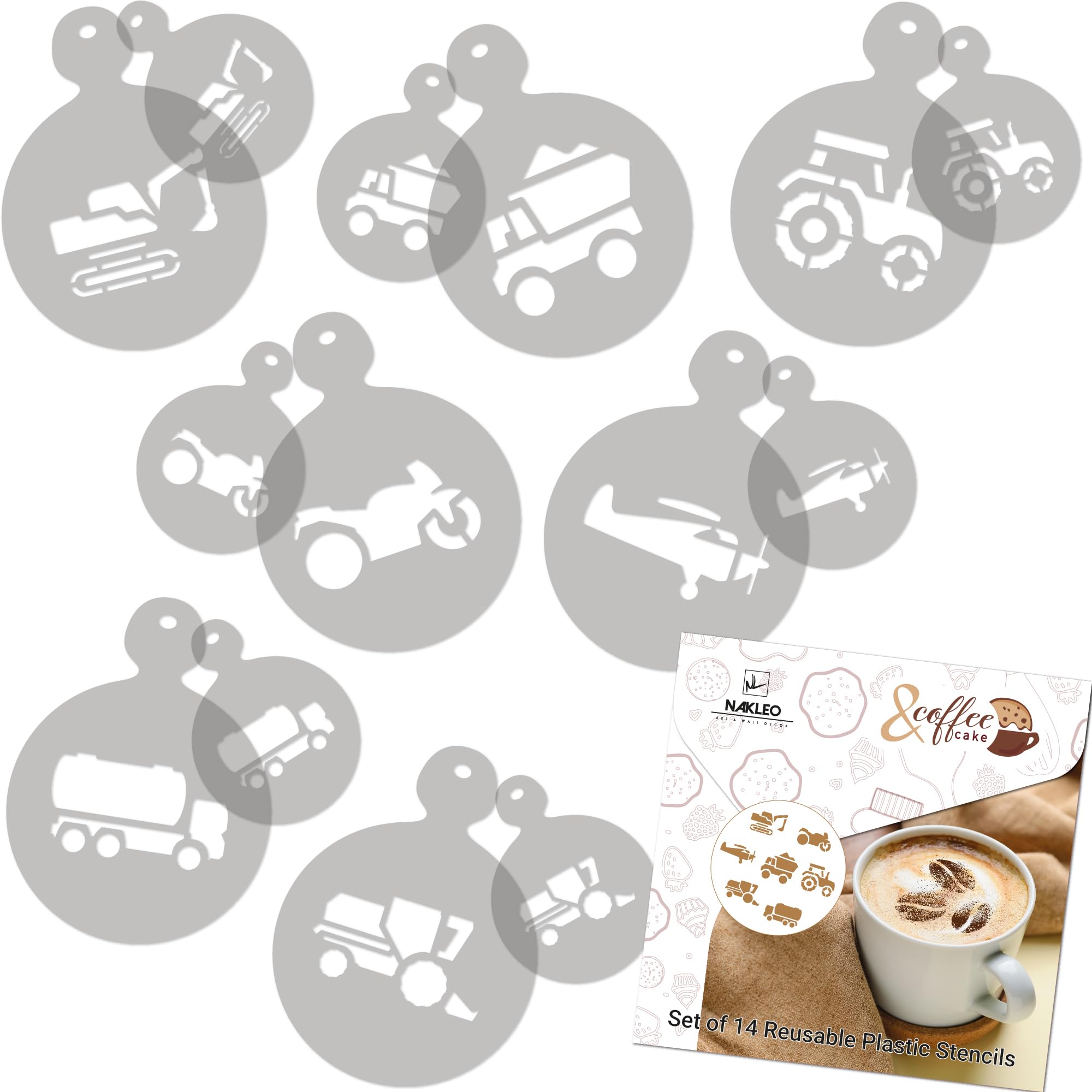 NAKLEO Coffee Stencils and Cookies Decoration 14Pcs 7x7 and 11x11cm, Reusable Plastic Baking Templates, Transport Tractor Truck, Barista DIY Art Craft, Capuccino Latte Chocolate Cake Biscuit Kitchen