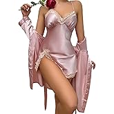 FEOYA Women’s Silk Pajama Robe Set Satin Smooth Nightgown Lace Cami Nightdress with Belt Sexy Sleepwear