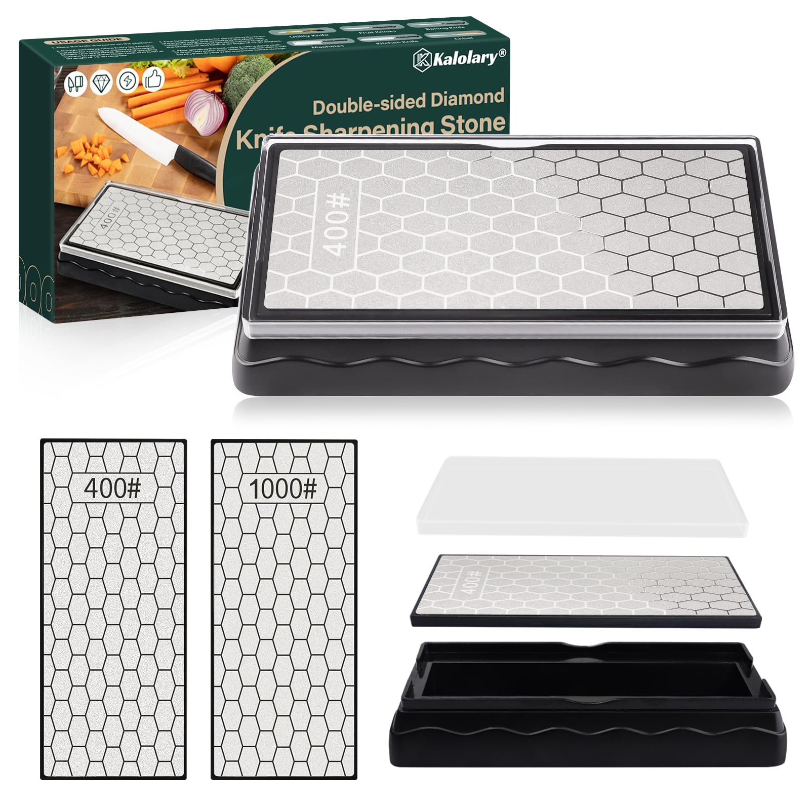 Double Sided Diamond Whetstone, Kalolary Knife Sharpener Stone Honeycomb Surface Plate with Non-Slip Base for Scissors, Knives, Outdoor Kitchen Sharpening Tools (400/1000 Grit, 150 x 63 mm)