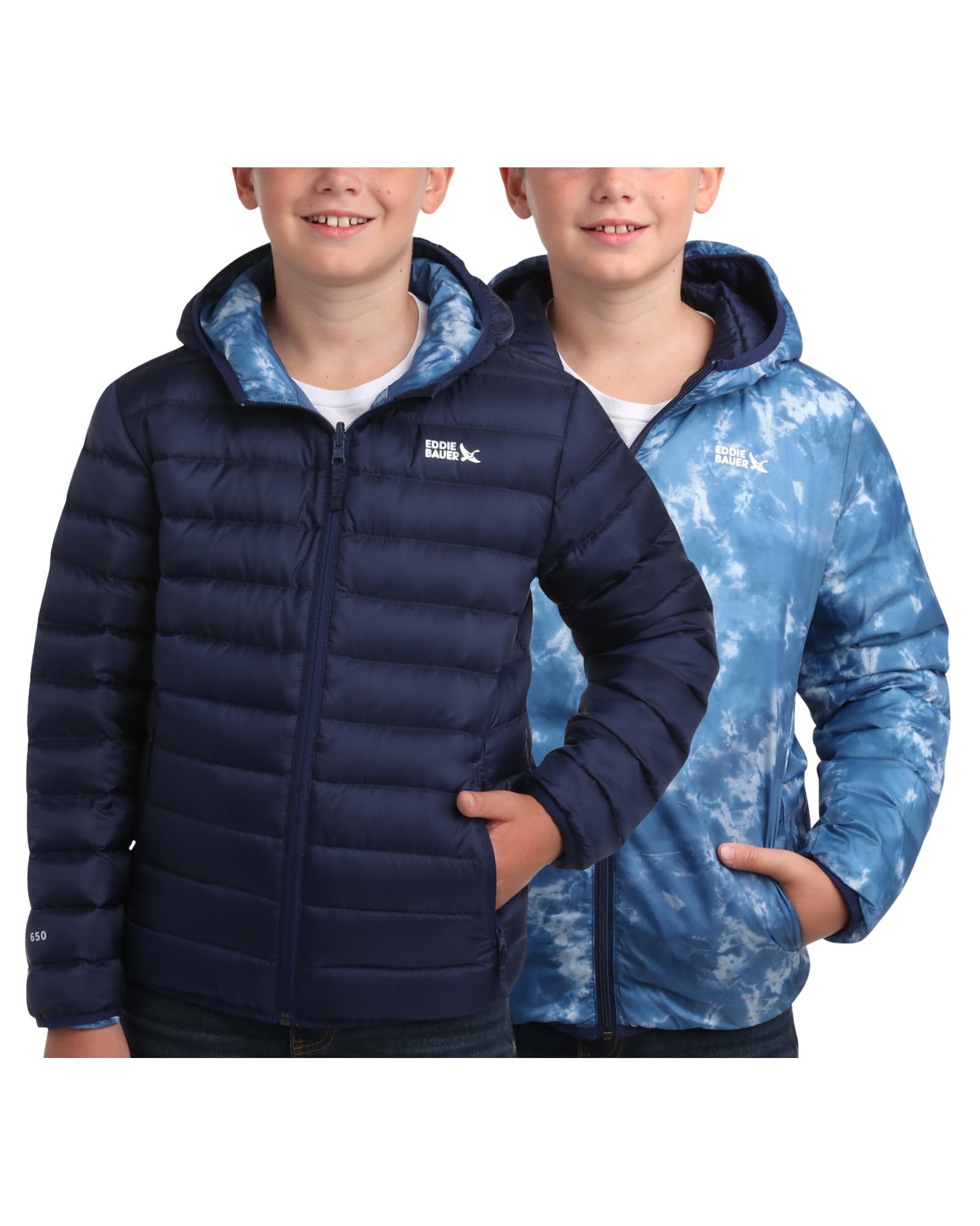 Eddie Bauer Kids' Reversible Jacket - Weather Resistant Quilted Down Coat for Boys and Girls (3-20), Size 14-16, Navy/Sky Image
